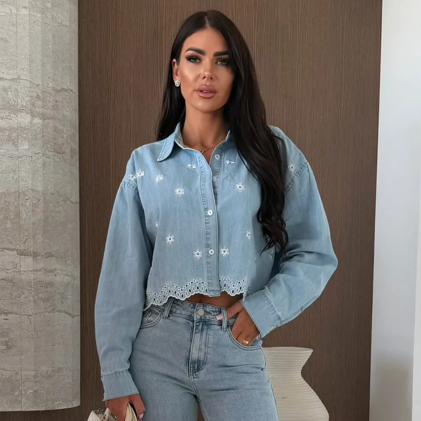 Women Fashion Casual Spring Embroidered Lapel Long Sleeve Loose Denim Shirt
