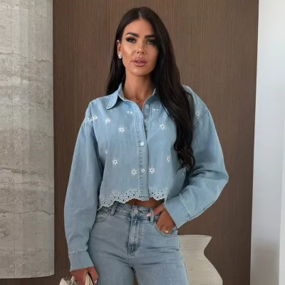 Women Fashion Casual Spring Embroidered Lapel Long Sleeve Loose Denim Shirt