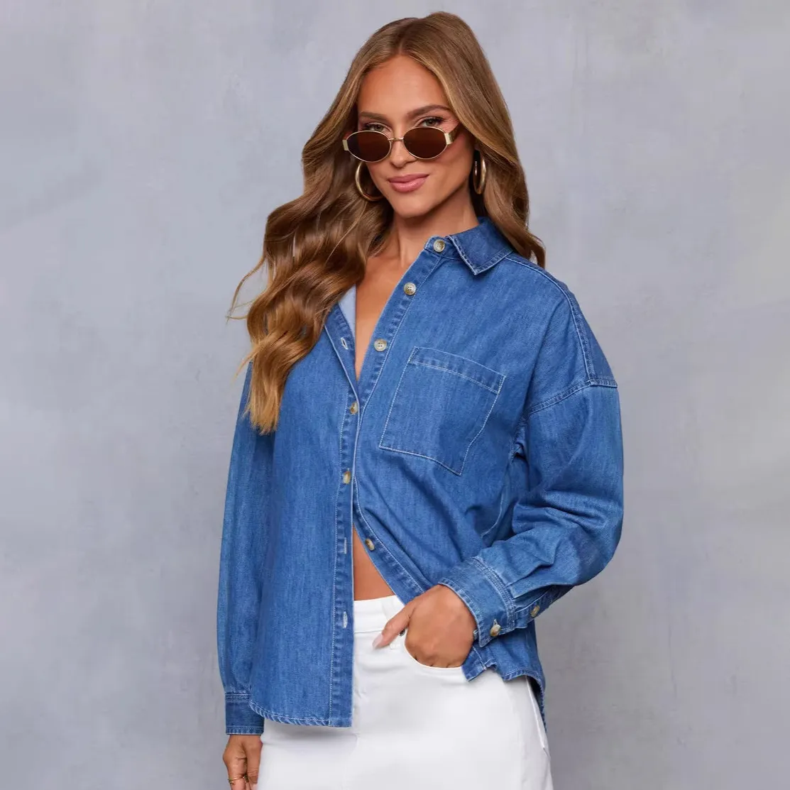 Women Fashion Casual Simple Spring Lapel Single-Breasted Long-Sleeve Denim Shirt