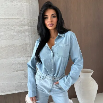 Women Fashion Casual Spring Embroidered Lapel Long Sleeve Denim Shirt