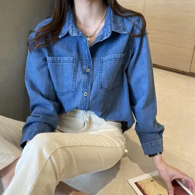 Women Fashion Casual Simple Spring Solid Color Lapel Long-Sleeve Denim Shirt