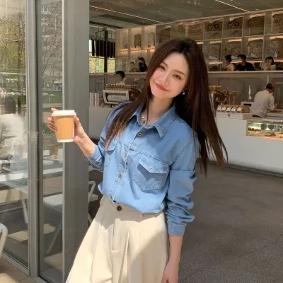 Women Fashion Casual Simple Spring Solid Color Lapel Long-Sleeve Denim Shirt