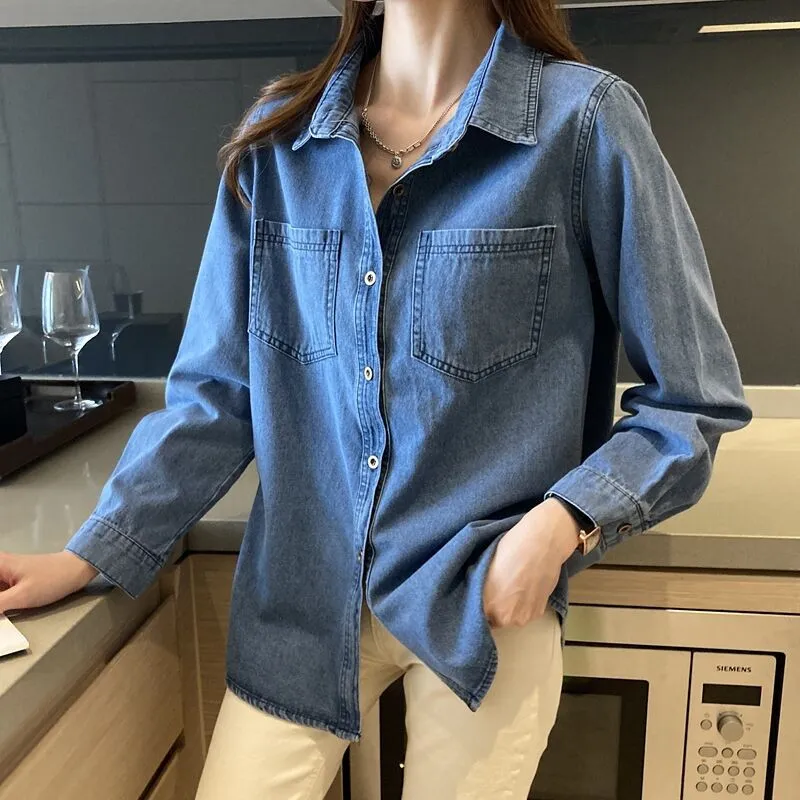 Women Fashion Casual Simple Spring Solid Color Lapel Long-Sleeve Denim Shirt