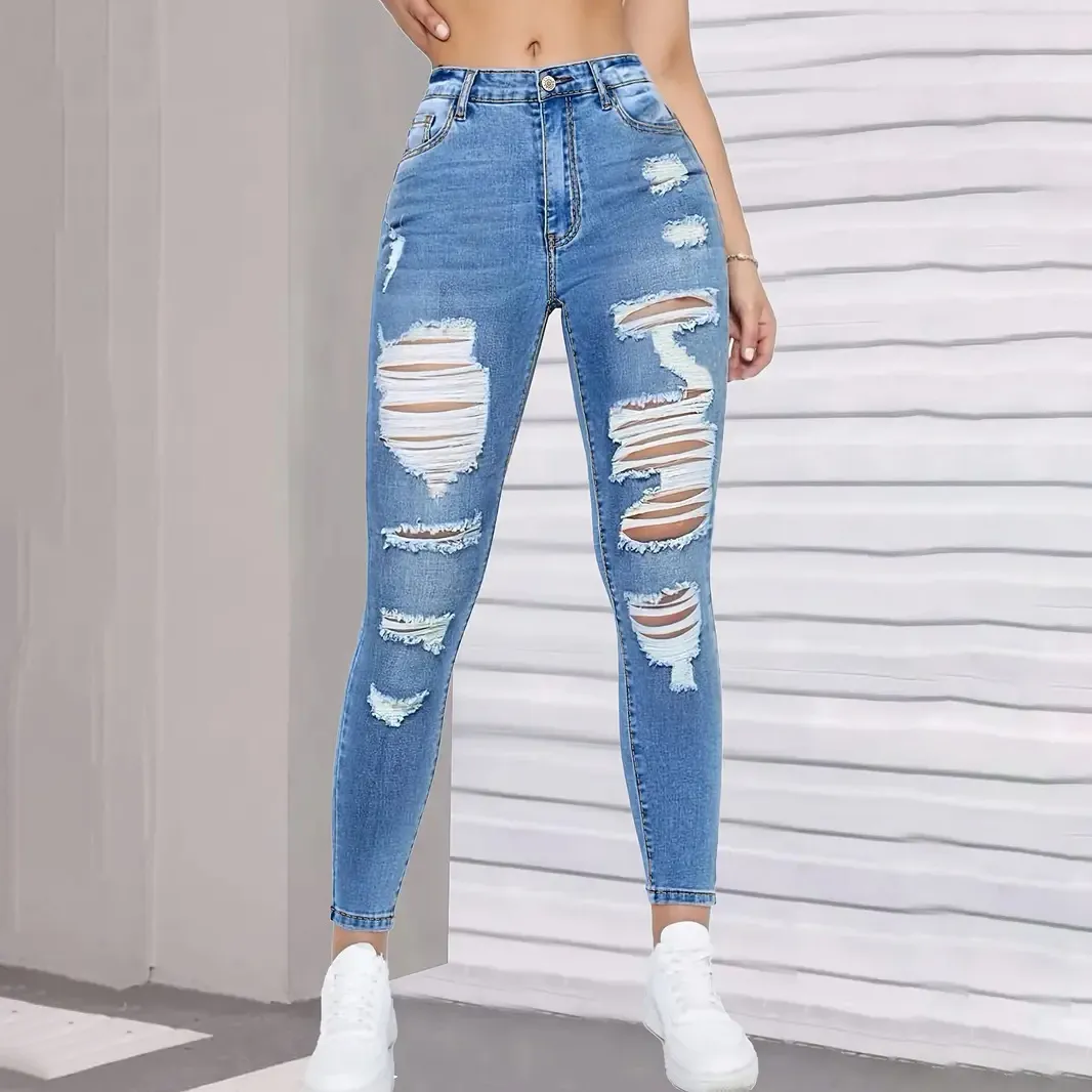 Women Fashion High Waist Ripped Stretch Skinny Jeans
