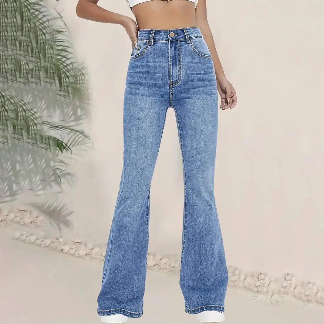 Women Fashion Simple High Waist Slim Fit Stretch Flared Jeans
