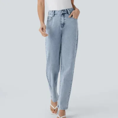 Women Fashion Casual Simple High-Elastic Washed Straight Jeans