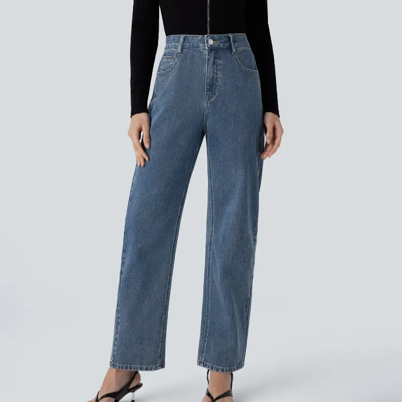 Women Fashion Casual Simple High-Elastic Washed Straight Jeans