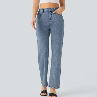 Women Fashion Casual Simple High-Elastic Washed Straight Jeans