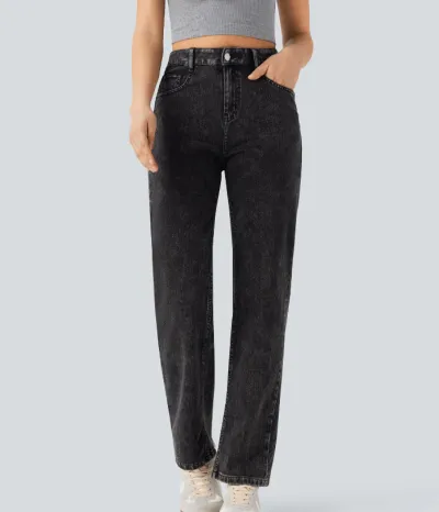 Women Fashion Casual Simple High-Elastic Washed Straight Jeans