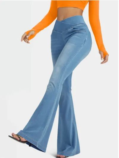 Women Fashion Casual Cross High-Elastic Flared Jeans