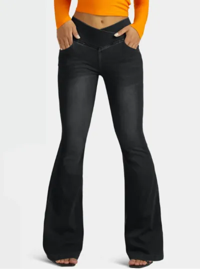 Women Fashion Casual Cross High-Elastic Flared Jeans