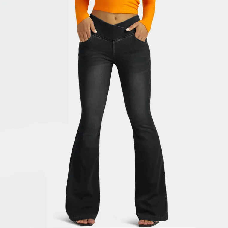 Women Fashion Casual Cross High-Elastic Flared Jeans