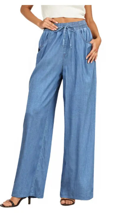 Women Fashion Casual High Waist Loose Drawstring Wide Leg Jeans
