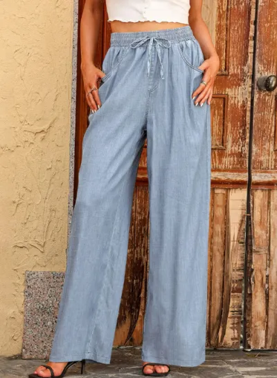Women Fashion Casual High Waist Loose Drawstring Wide Leg Jeans