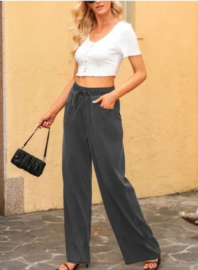 Women Fashion Casual High Waist Loose Drawstring Wide Leg Jeans