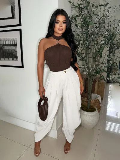 Women Fashion Casual Solid Color Pleated Loose Pants