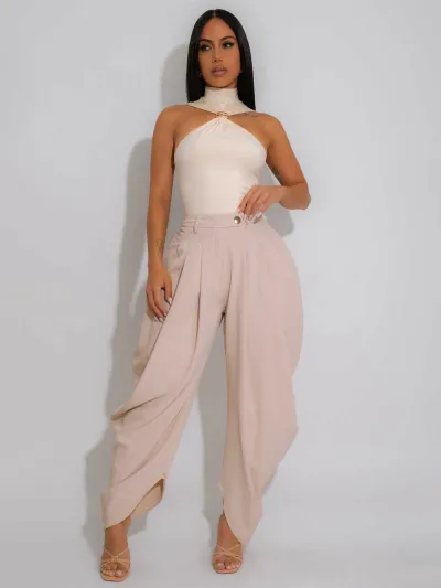 Women Fashion Casual Solid Color Pleated Loose Pants