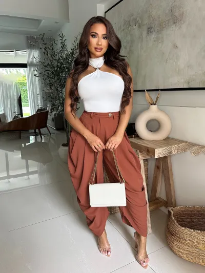 Women Fashion Casual Solid Color Pleated Loose Pants