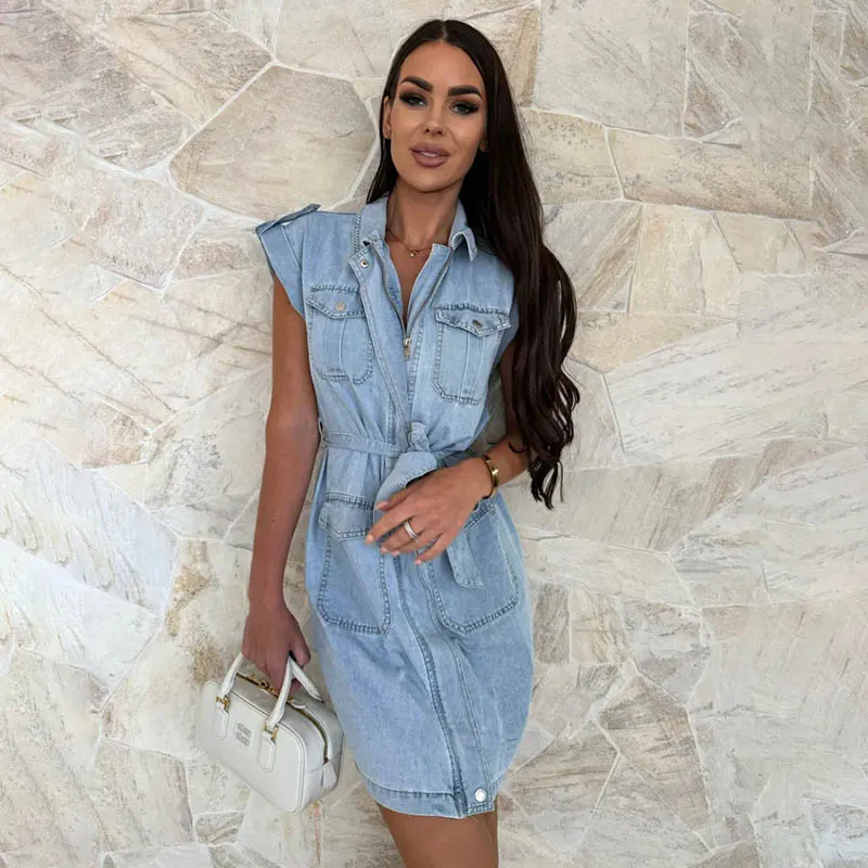 Women Fashion Casual Spring Lapel Short Sleeve Pockets Loose Denim Dress