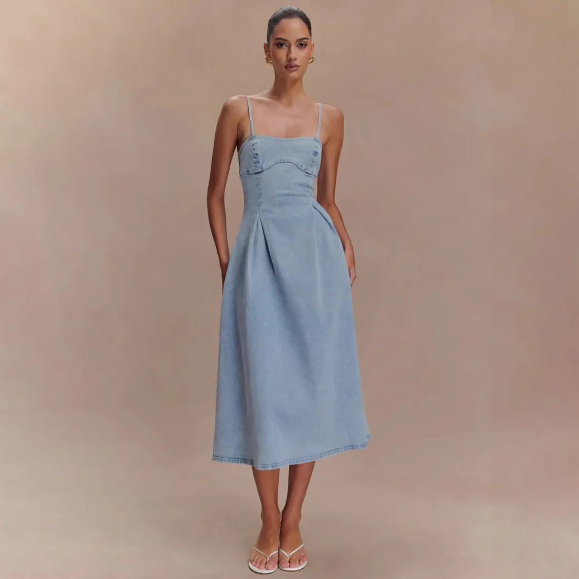 Women Fashion Sexy Summer Solid Color Spaghetti Strap Denim Dress