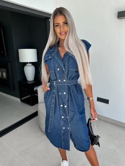 Women Fashion Casual Summer Solid Color Lapel Sleeveless Waist Lace-Up Denim Dress