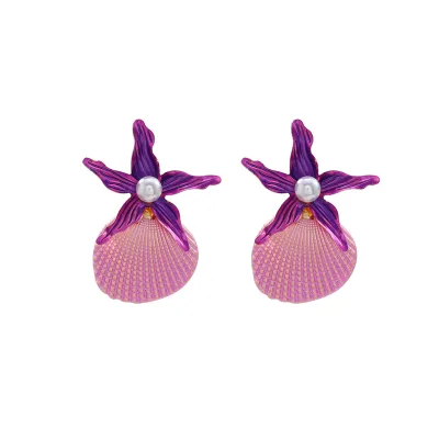 Women Fashion Vacation Ocean Style Starfish Shell Imitation Pearl Earrings