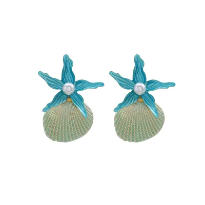 Women Fashion Vacation Ocean Style Starfish Shell Imitation Pearl Earrings