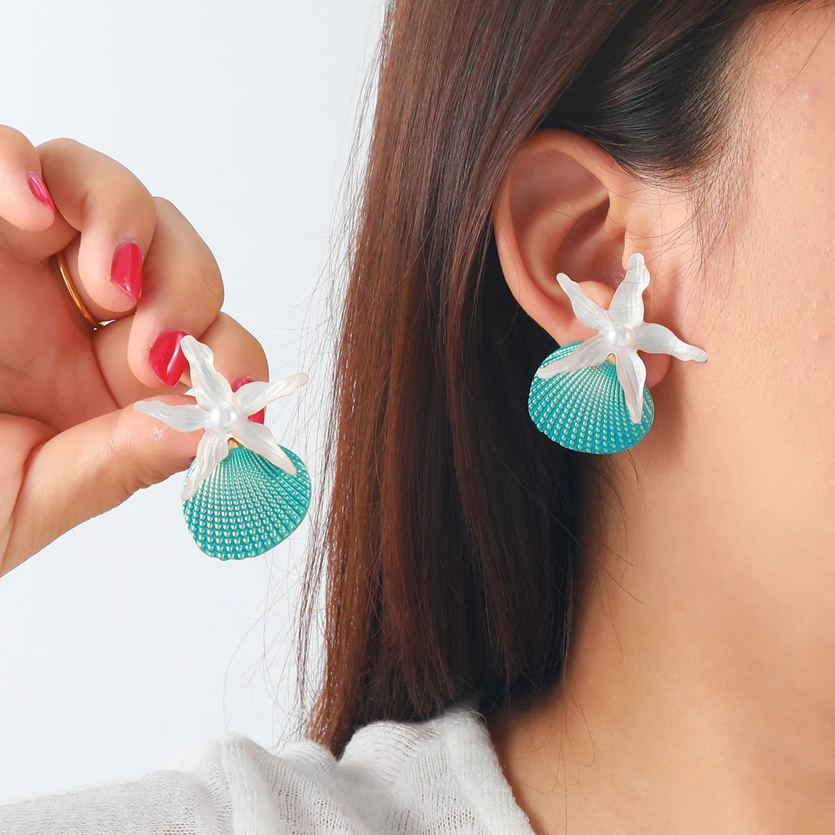 Women Fashion Vacation Ocean Style Starfish Shell Imitation Pearl Earrings