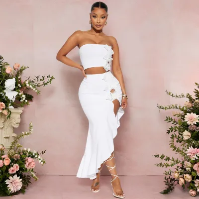 Women Fashion Sexy Summer Solid Color Flower Decoration Tube Top High Split Ruffled Skirt Two-Piece Set