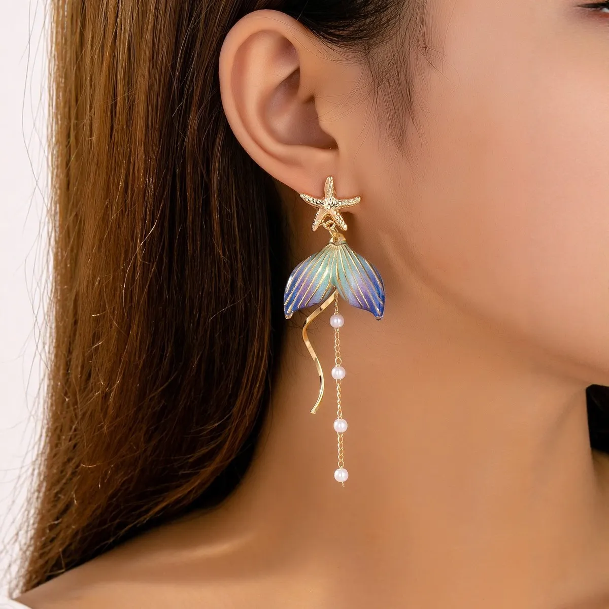 Women Fashion Summer Ocean Style Pearl Fishtail Tassel Earrings
