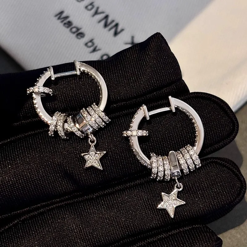 Women Fashion Personalized Cool Circle Zircon Five-Pointed Star Earrings