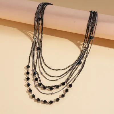 Women's Fashion Glass Beads Multi-Layer Stacked Chain Necklace Dark Style