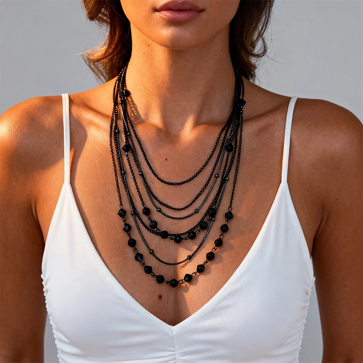 Women's Fashion Glass Beads Multi-Layer Stacked Chain Necklace Dark Style