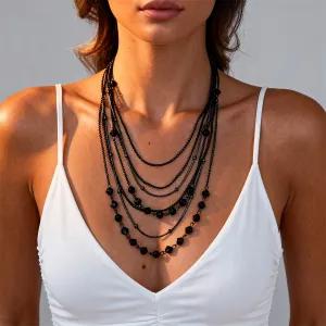 Women's Fashion Glass Beads Multi-Layer Stacked Chain Necklace Dark Style