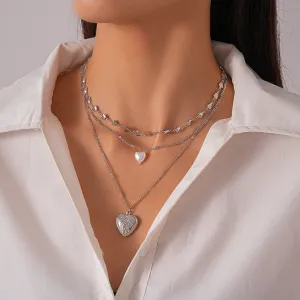 Women Fashion Imitation Pearl Love Heart Three-Layer Stacked Alloy Necklace