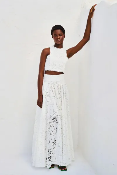 Women Fashion Casual Boho Summer Solid Color Hollow-Out Sleeveless Tank Top Loose Maxi Skirt Two-Piece Set