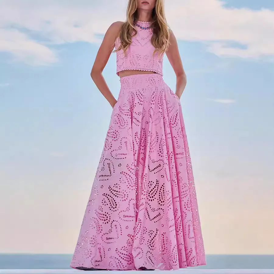 Women Fashion Casual Boho Summer Solid Color Hollow-Out Sleeveless Tank Top Loose Maxi Skirt Two-Piece Set