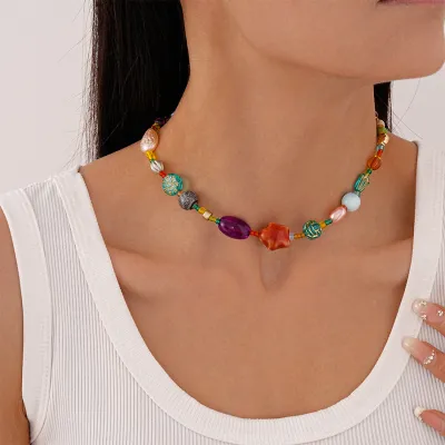 Women Fashion Multicolor Acrylic Ceramic Glass Beads Clavicle Chain Necklace