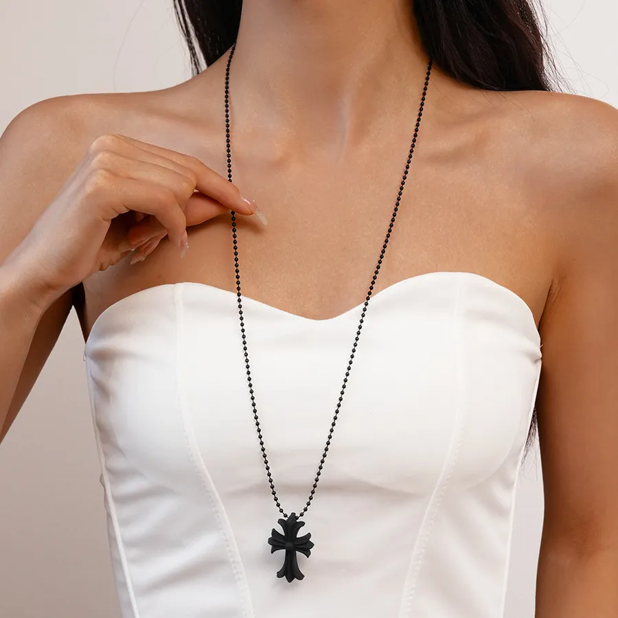 Women's Dark Rubber Acrylic Cross Long Pendant Beaded Necklace Geometric Style