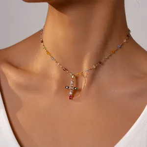 Women Fashion Multicolor Glass Beads Cross Pendant Necklace, Alloy Geometric Clavicle Chain