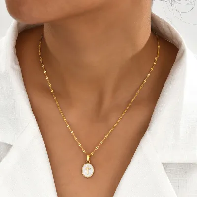 Women Fashion Creative Simple White Oil Dropping Cross Alloy Necklace