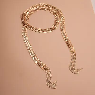 Women Fashion Exaggerated Metallic Rhinestone Long Tassel Geometric Pendant Necklace