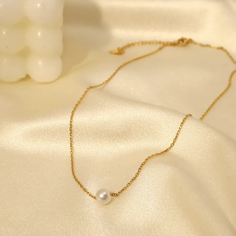 Women Simple Pearl Pendant 316L Stainless Steel Necklace