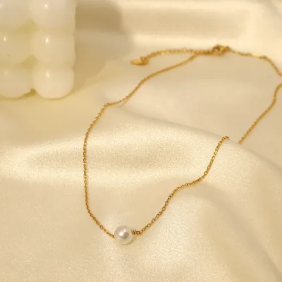 Women Simple Pearl Pendant 316L Stainless Steel Necklace