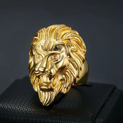 Men Fashion Hip Hop Lion Head 316L Stainless Steel Gold Plated Ring