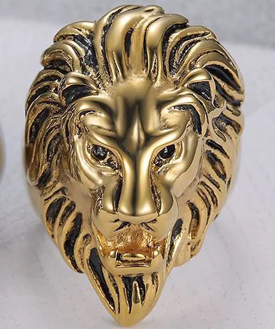 Men Fashion Hip Hop Lion Head 316L Stainless Steel Gold Plated Ring