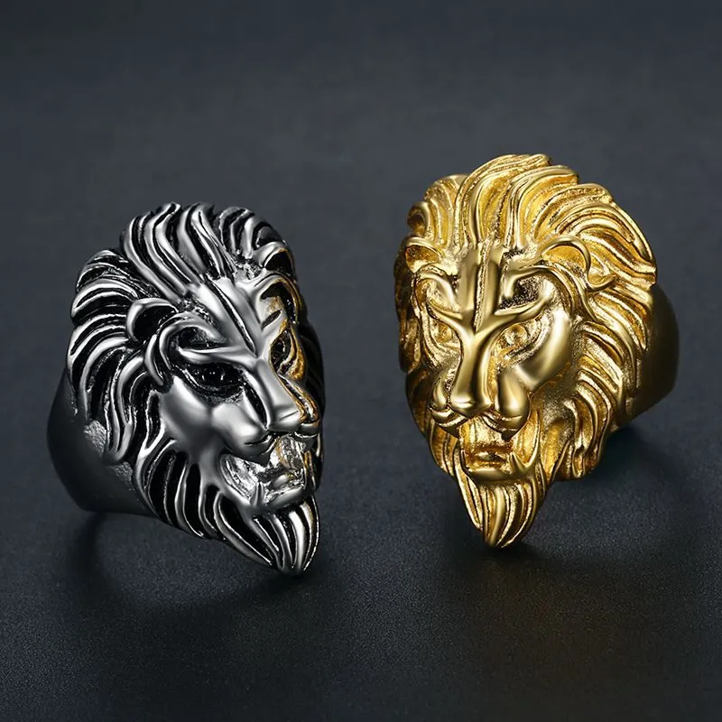 Men Fashion Hip Hop Lion Head 316L Stainless Steel Gold Plated Ring
