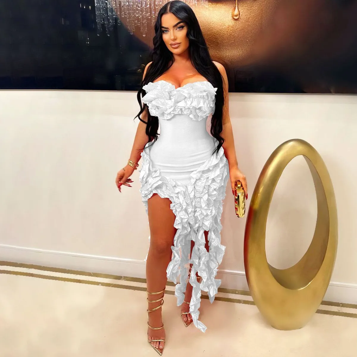 Women Fashion Sexy Summer Solid Color Irregular Tube Top Ruffled Dress