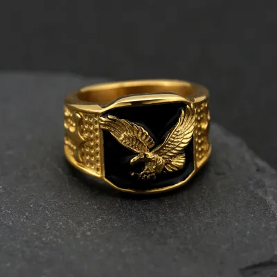 Men Fashion Hip Hop 316L Stainless Steel Gold Wings Flying Eagle Ring