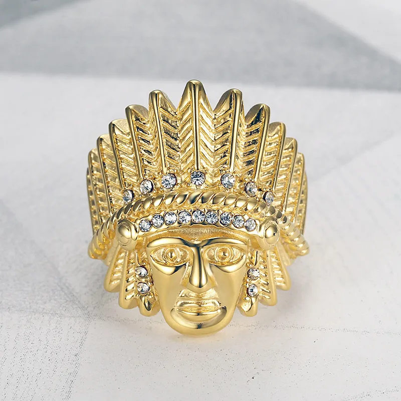 Men's Hip Hop 316L Stainless Steel Gold Plated Rhinestone Indian Portrait Ring